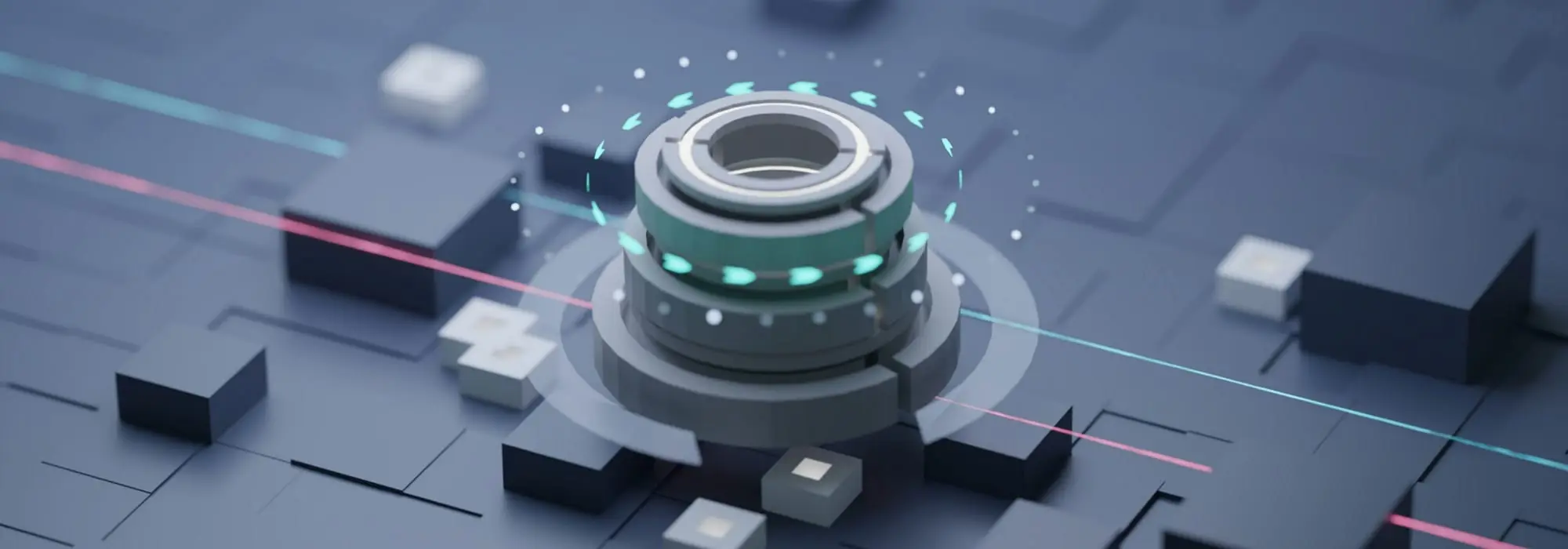 A machined ring lit in teal, standing on a field of dark blue blocks