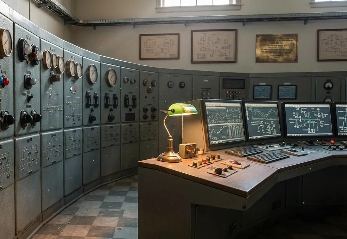 A control room where three process screens stand on a wooden console desk in front of a curved wall of older hard wired instruments and gauges