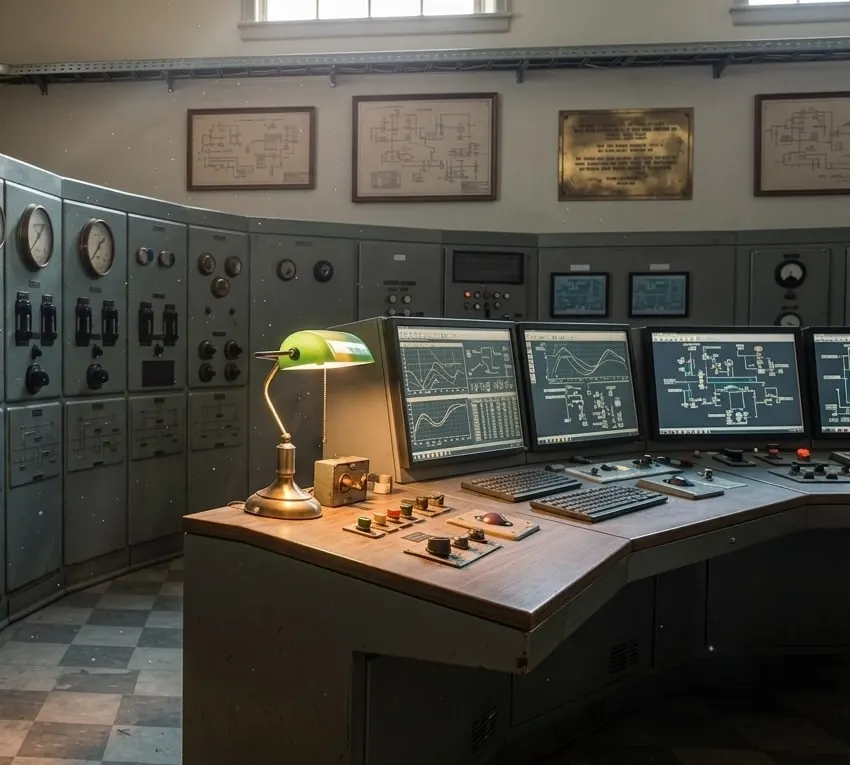 A control room console where three process screens sit on the desk in front of an older hard wired instrument panel