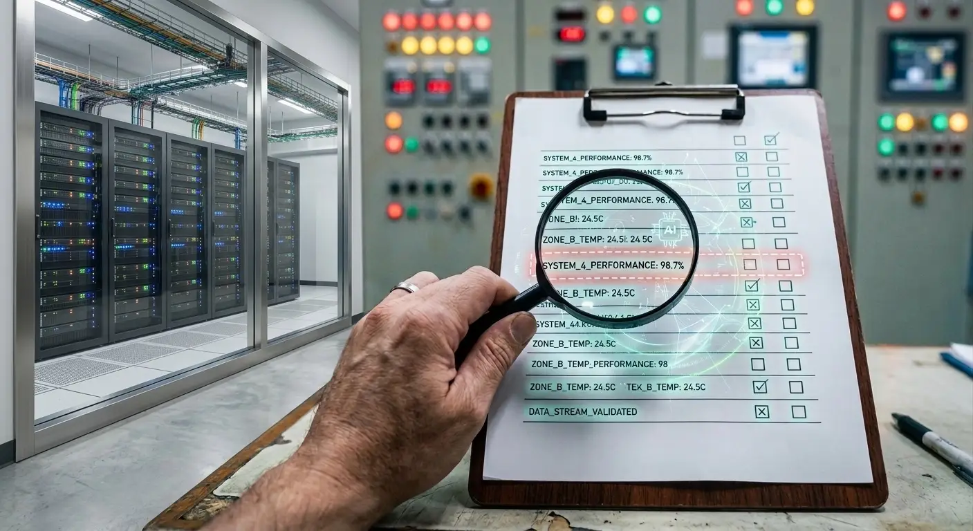 An engineer reviewing a printed checklist in front of a control panel
