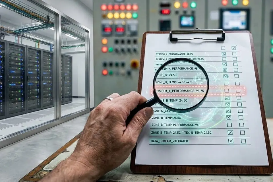 An engineer reviewing a printed checklist in front of a control panel