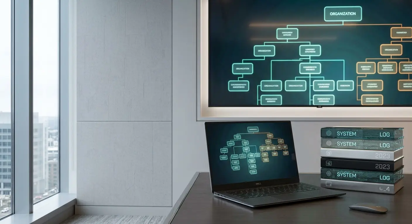 A meeting room screen showing an organization chart