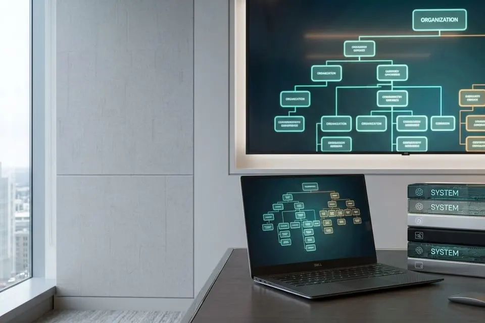 A meeting room screen showing an organization chart