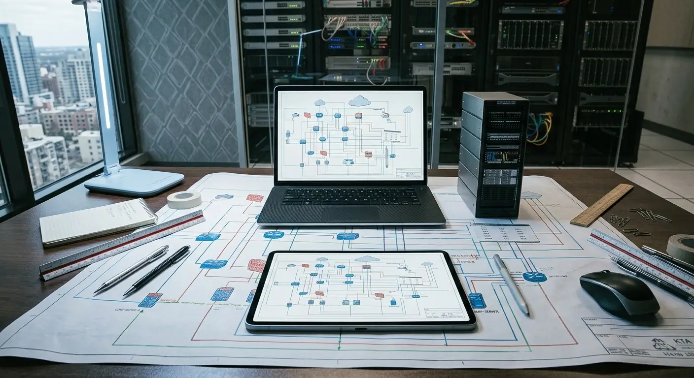 Network architecture drawings spread on an engineering desk with a laptop, a tablet and equipment racks behind