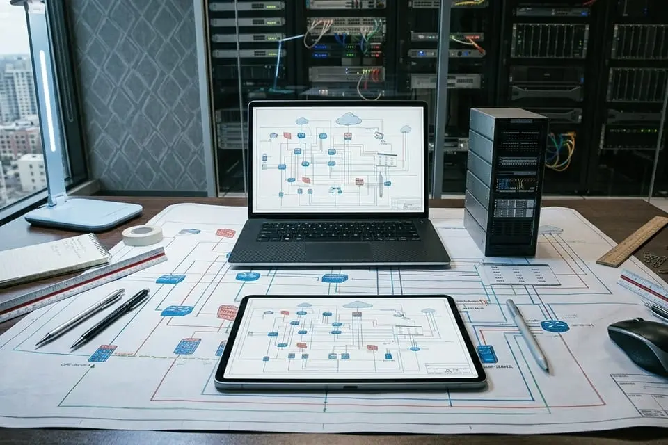 Network architecture drawings spread on an engineering desk with a laptop, a tablet and equipment racks behind