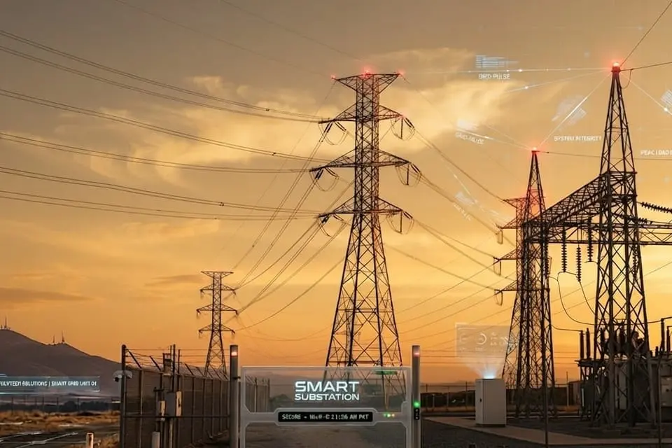 Transmission towers and a substation at dusk