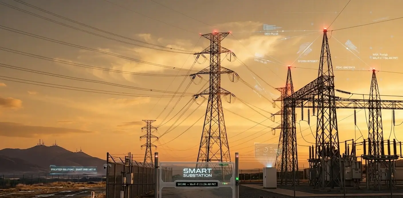 Transmission towers and a substation at dusk