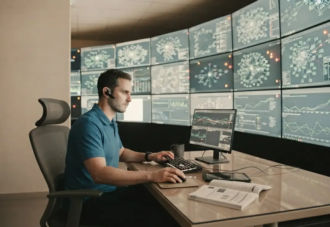 An engineer at a control desk working at a screen, with a curved wall of network diagrams and trend displays filling the room behind him