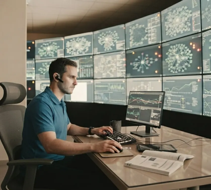 An engineer at a control desk working at a screen in front of a curved wall of network displays