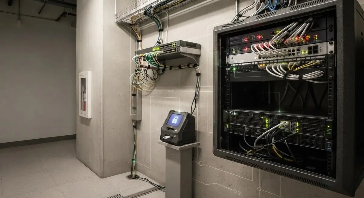 A network cabinet with patch cables and controllers