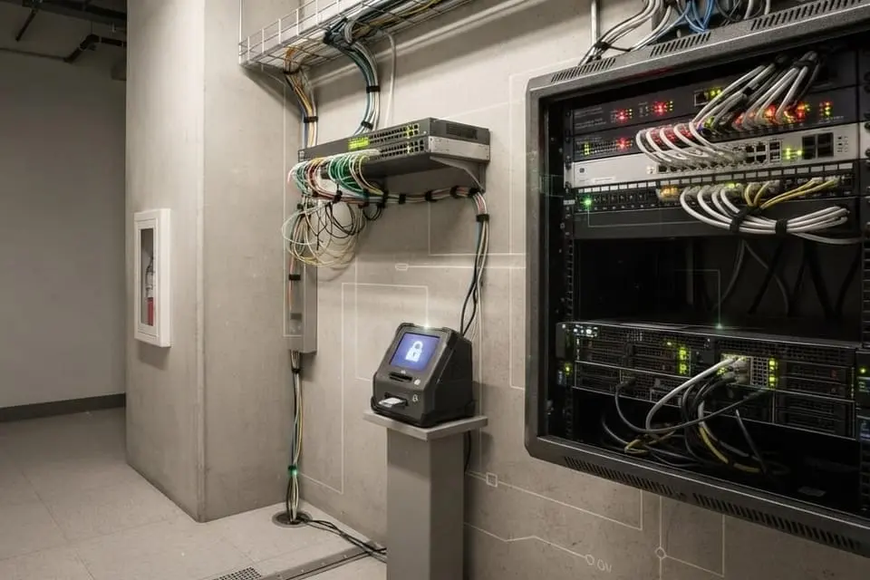 A network cabinet with patch cables and controllers