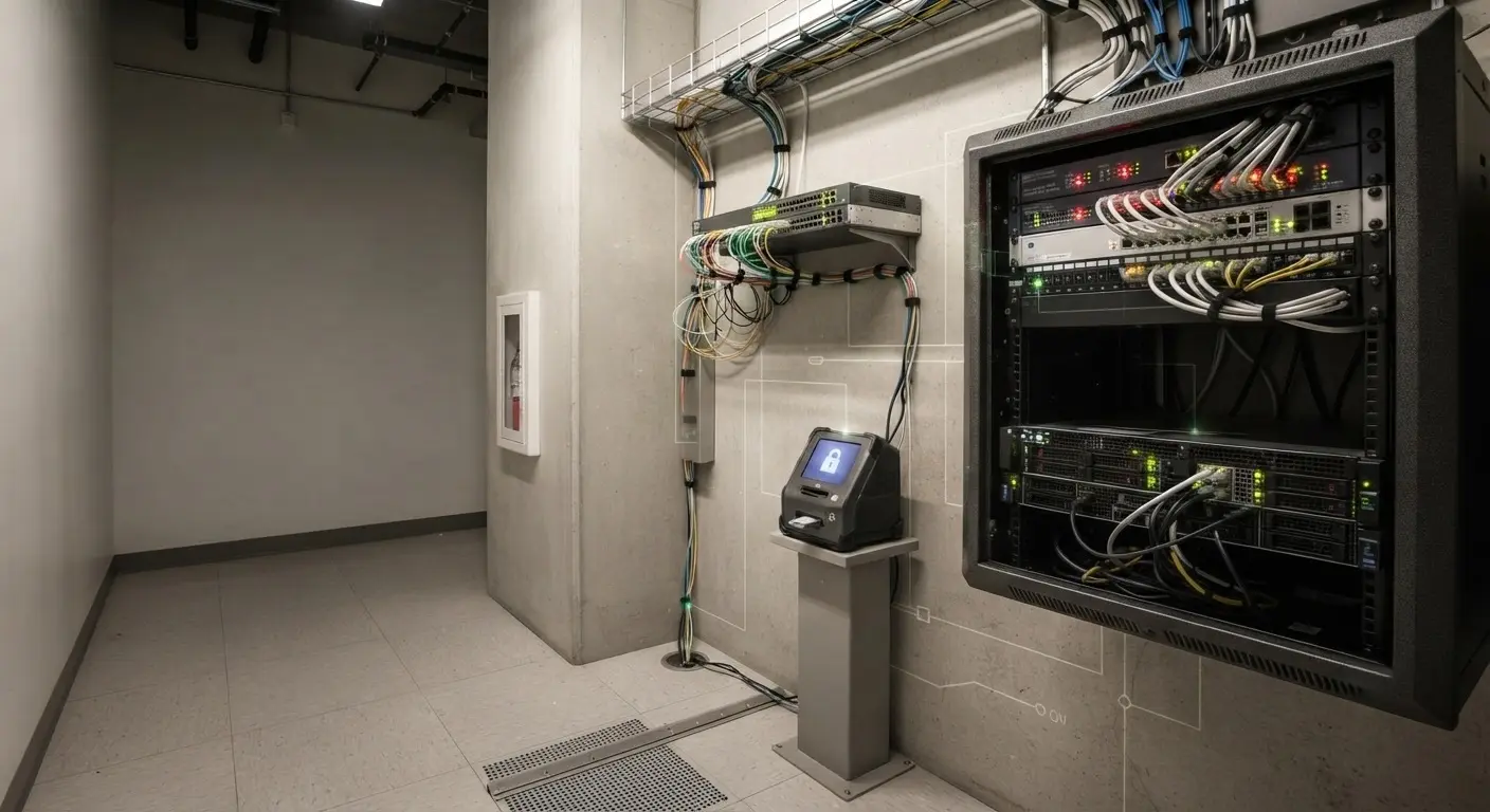 An industrial equipment room with a wall mounted rack, patch panels and cable trays