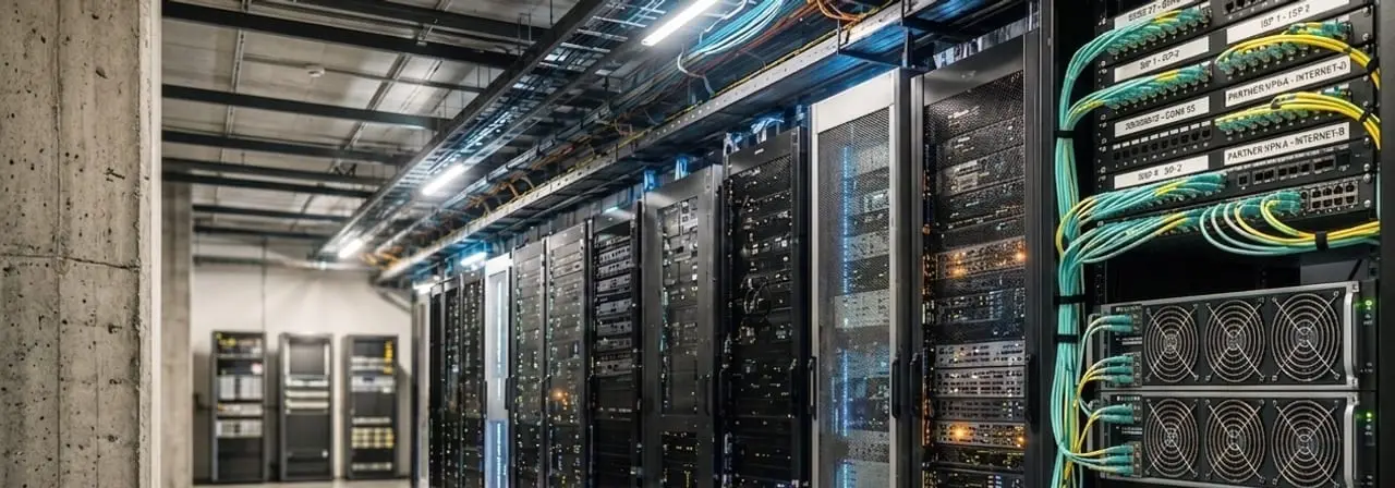 An equipment room aisle: rows of cabinets, patch panels and cable trays overhead