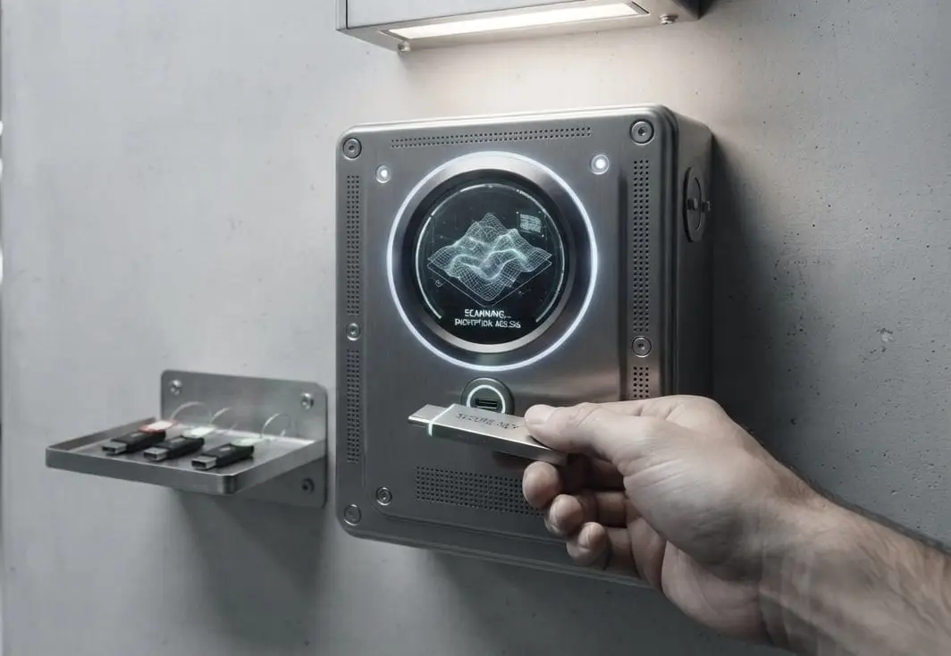 A wall mounted media scanning station in a plant corridor, with a shelf of USB drives beside it and a hand presenting a drive to the reader