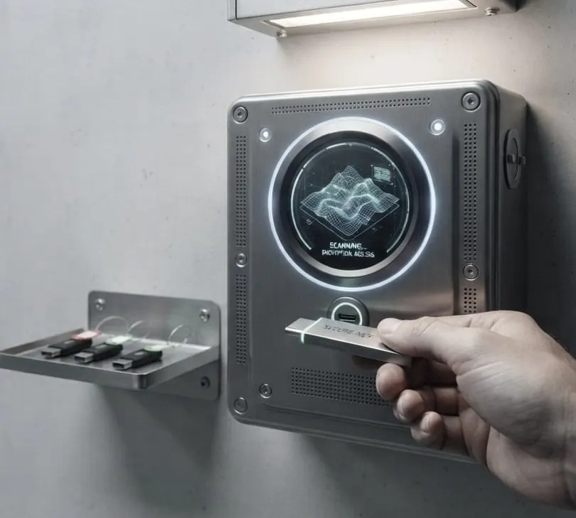 A hand holding a USB drive up to a wall mounted scanning station, with three more drives on a shelf beside it