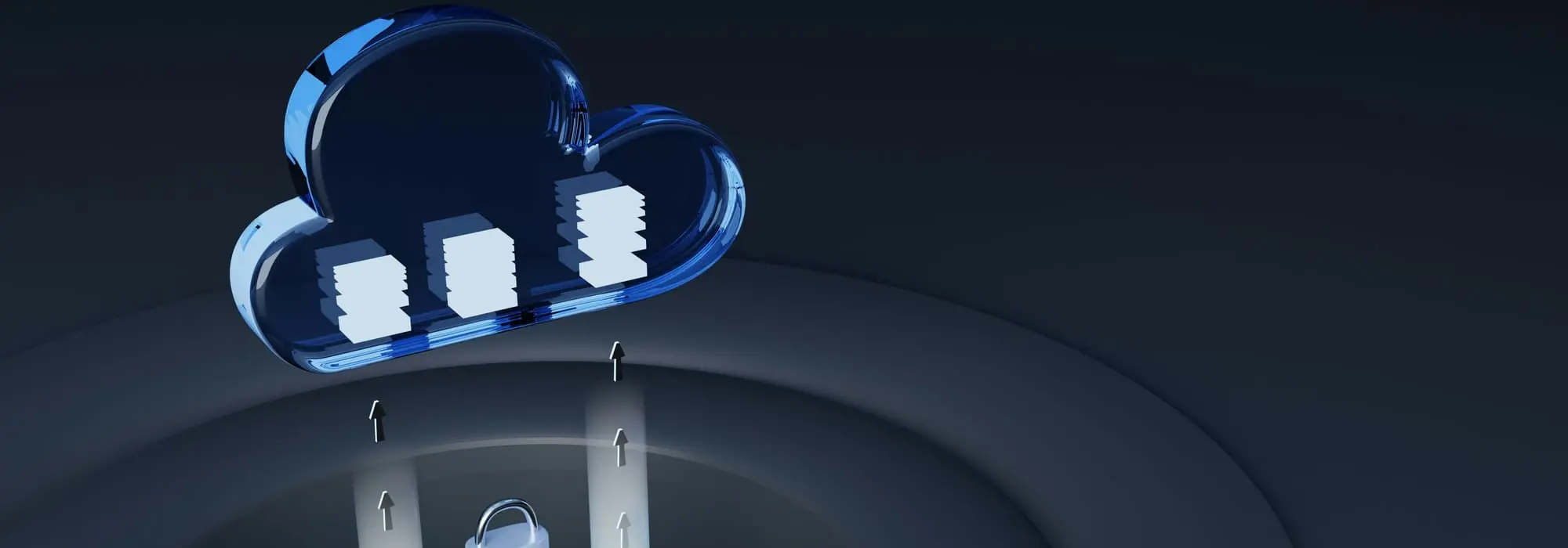 A glass cloud above a lit opening, with arrows rising into it past a padlock