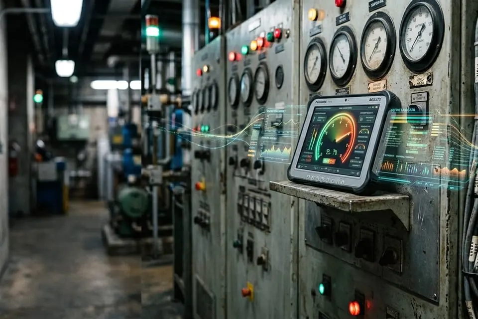 An operator panel with gauges, indicator lamps and a control terminal in a plant
