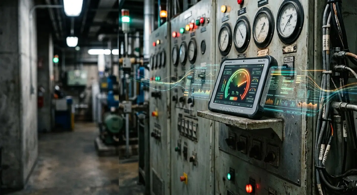 An operator panel with gauges, indicator lamps and a control terminal in a plant