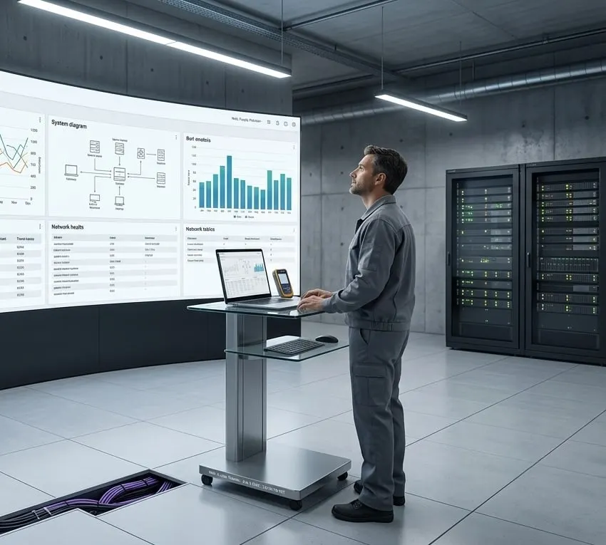 An engineer standing at a mobile laptop cart between a wall of process screens and two equipment racks