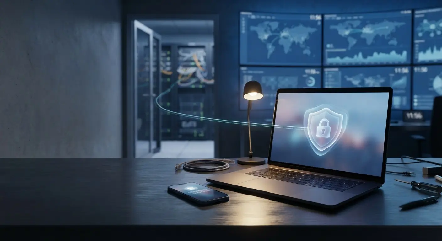 A laptop on a dark desk showing a padlock on a shield, with a server room and a wall of monitoring screens behind it