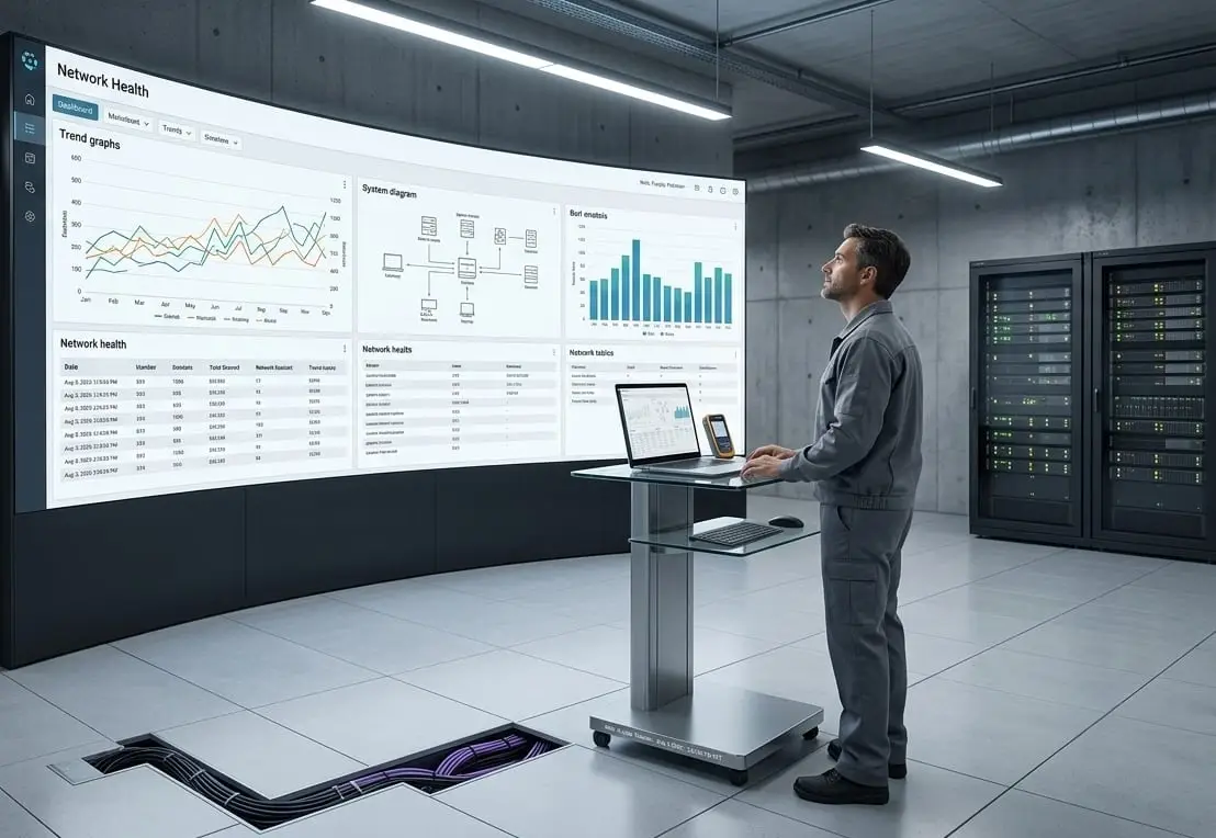 A control room where an engineer stands at a mobile laptop cart in front of a curved wall of process dashboards, with equipment racks along the far wall