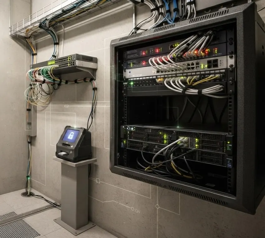 Cable trays running along an equipment room wall into a mounted rack of switches, patch panels and servers, with a card reader standing beside it