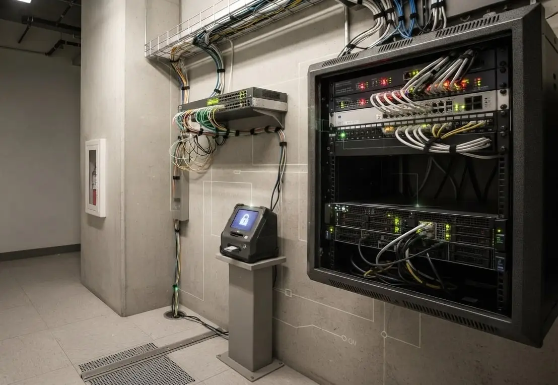 A plant equipment room: cable trays crossing the ceiling and running down the wall into a mounted rack of switches, patch panels and servers, with a card reader on a stand beside it
